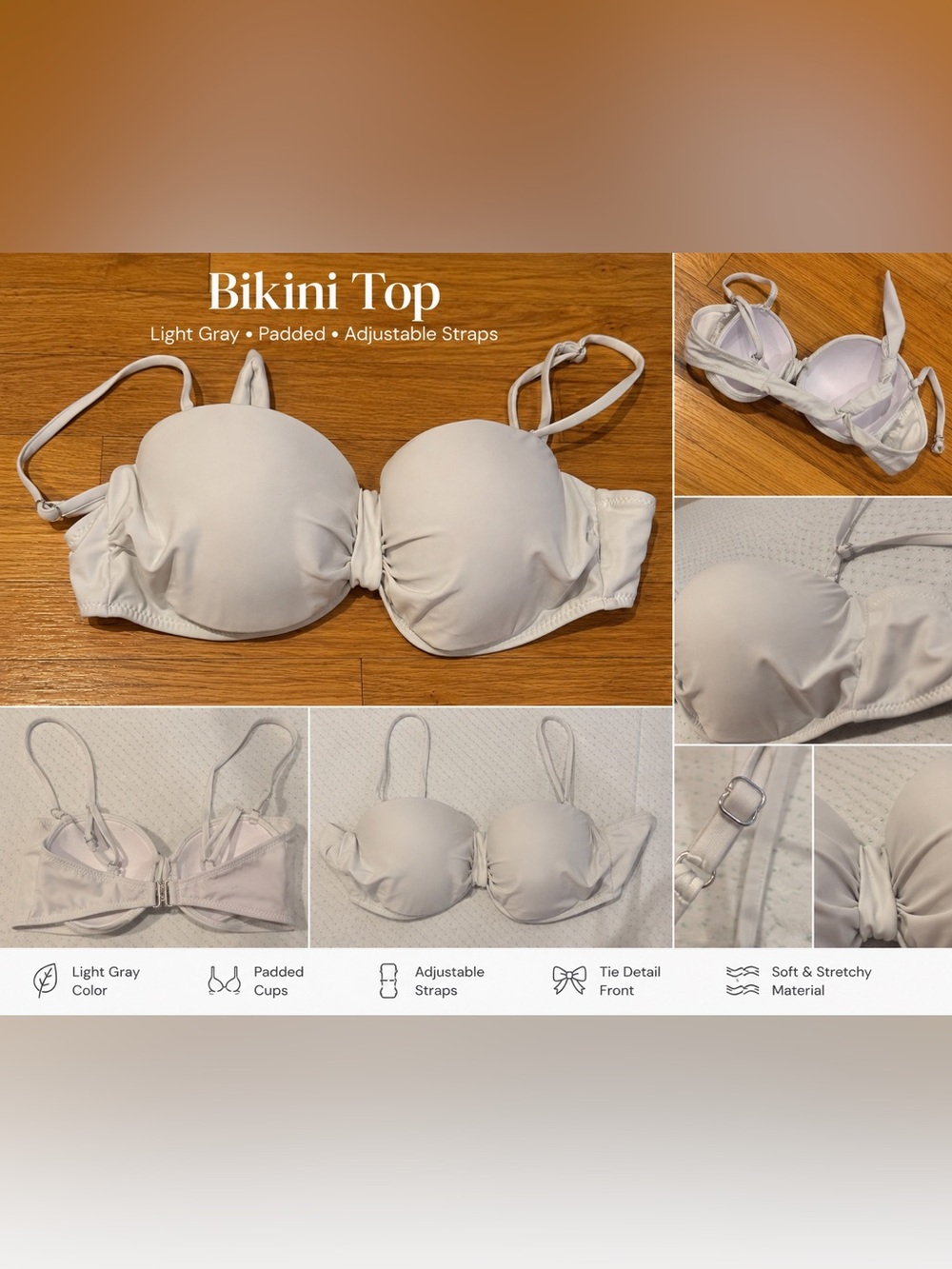 🤍 White/Light Gray Padded Bikini Top – Women’s Small